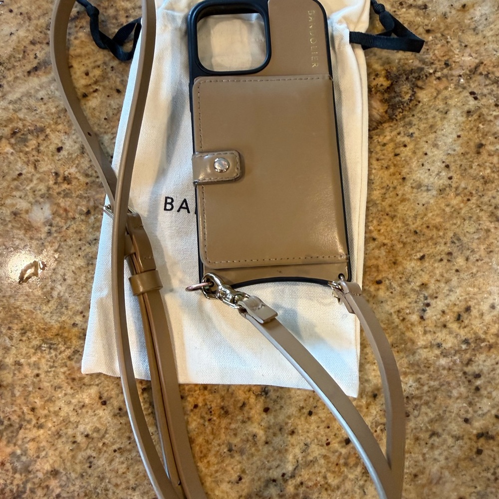 Bandolier Taupe Leather Crossbody Phone Bag with Strap - Picture 2 of 4